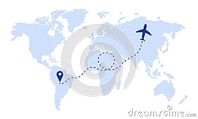 Airplane travel route with start point concept on world map. Vector Illustration