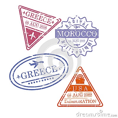 Airplane travel stamps greece morocco usa in colorful silhouette Vector Illustration