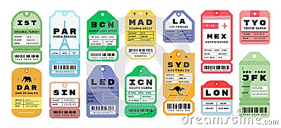 Airplane travel tags. Airport baggage tickets with stamps. Bright badges set for tourists luggage. Airline coupons from Vector Illustration