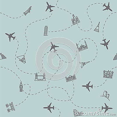 Airplane Travel and tourism locations Landmark background, card Vector Illustration