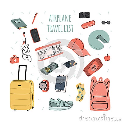 Airplane trip essentials. Traveling check list for carry-on bag for flight with passport and ticket, smartphone and Vector Illustration