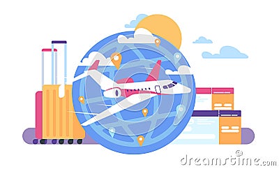 Airplane trip. Travel by aircraft. Baggage and tour tickets. Plane with passengers flying around globe. Global journey Vector Illustration