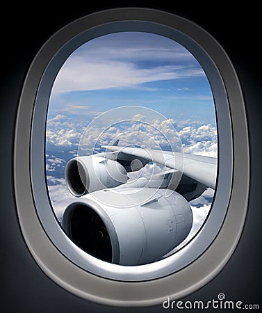 Airplane turbine engine from window view angle Stock Photo