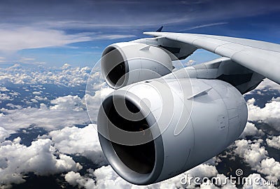 Airplane turbine engine from window view Stock Photo