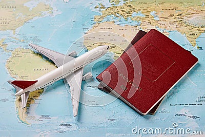 Airplane and two passports travel documents Stock Photo