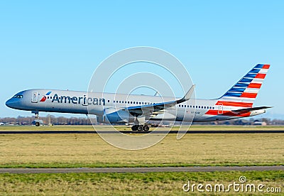 Airplane US Airways N936UW Boeing 757-200 is taking off at Schiphol airport. Editorial Stock Photo