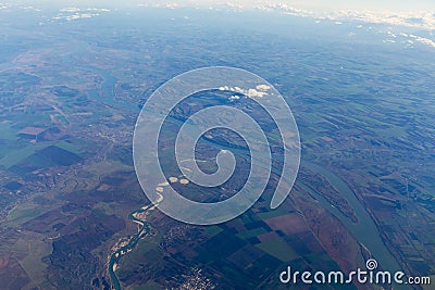 Airplane view of Danube river Stock Photo