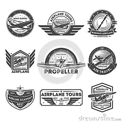 Airplane vintage isolated label set Vector Illustration