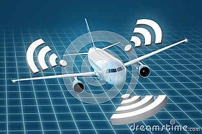 Airplane with wifi symbols on an abstract background Stock Photo