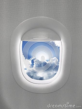 Airplane Window Blue Sky Clouds Isolated Stock Photo