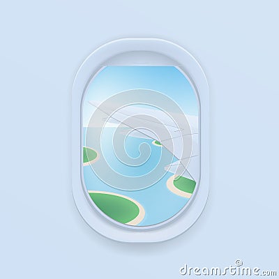 Airplane window. cartoon flat illustration. Porthole, view on the plane wing. Vector Illustration