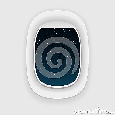 Airplane window, or a porthole, at night. Star sky view. Stock Photo