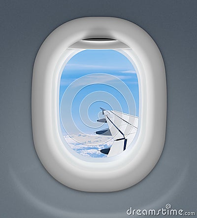 Airplane window with wing and cloudy sky Stock Photo