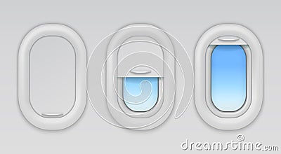 Airplane windows. Aircraft portholes with blue sky and fuselage background, vector open closed and half closed types of Vector Illustration