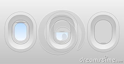 Airplane windows oval shaped in realistic style. Plane, jet interior elements open, half-closed, closed. Vector Illustration