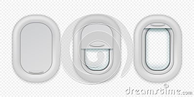 Airplane windows. Realistic aircraft porthole in different positions, open closed and half closed. Vector isolated Vector Illustration
