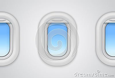 Airplane windows. Realistic vector aircraft illuminator. 3D porthole mockup Vector Illustration