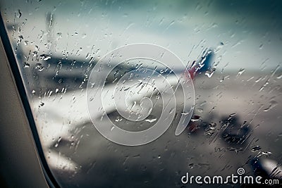 Airplane wing through passenger window with rain drops Stock Photo