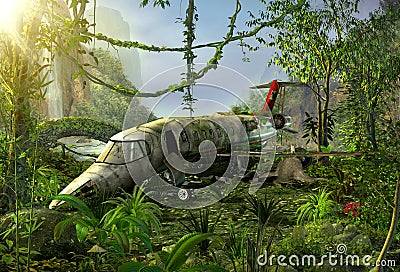 Airplane wreck in the jungle - crash site Stock Photo