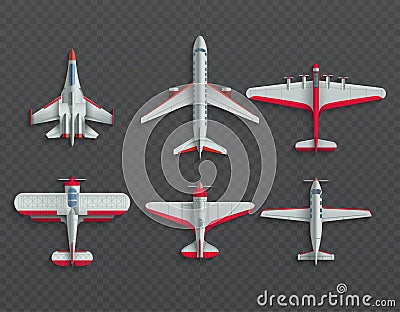 Airplanes and military aircraft top view. 3d airliner and fighter vector icons Vector Illustration
