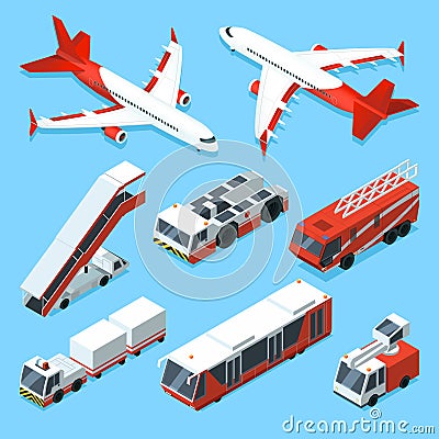 Airplanes set and other support machines in airport. Vector isometric illustrations of transport Vector Illustration