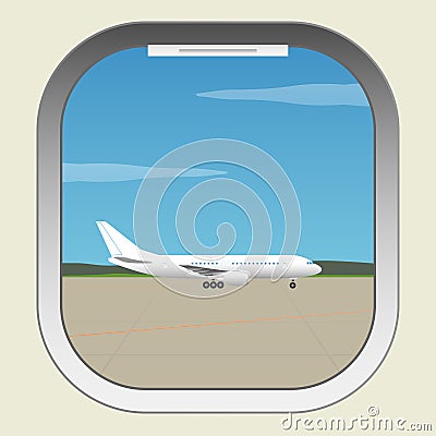 Airport. Aircraft illuminator window view Vector Illustration