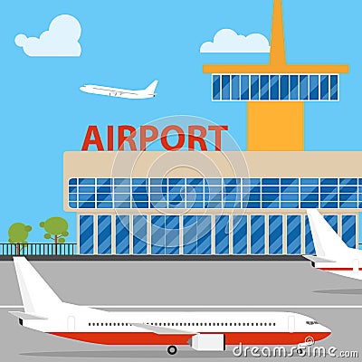 Airport. Aircraft are on the runway. Cartoon Illustration