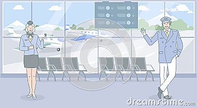 Airport and airline workers welcoming you to travel by plane. Aircraft workers, stewardess and pilot standing in airport Vector Illustration