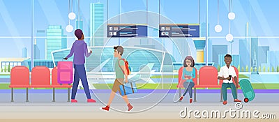 Airport arrival waiting room, international departure lounge and tourist passenger people Vector Illustration