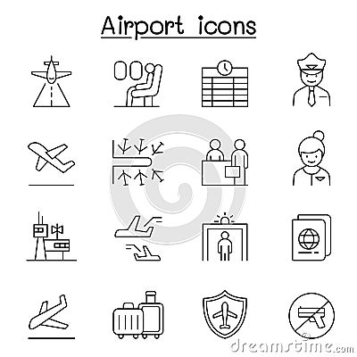 Airport, aviation icon set in thin line style Vector Illustration