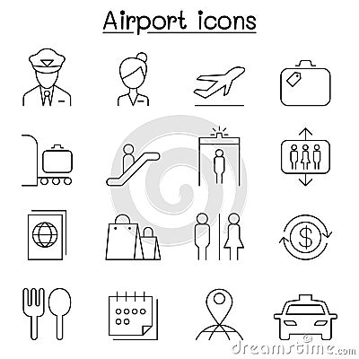 Airport & Aviation icon set in thin line style Vector Illustration