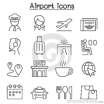 Airport & Aviation icon set in thin line style Vector Illustration