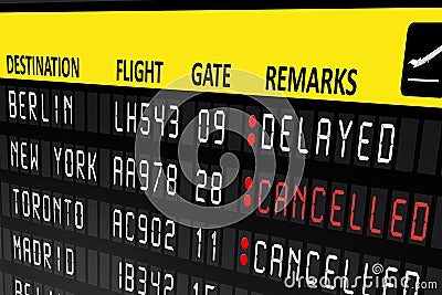 Airport billboard panel with cancelled and delayed flights Stock Photo