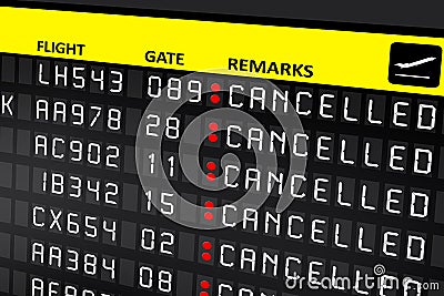 Airport billboard panel with cancelled flights Stock Photo