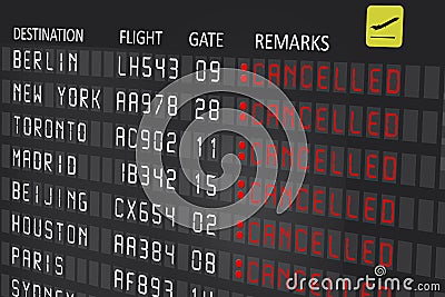 Airport billboard panel with cancelled flights Stock Photo