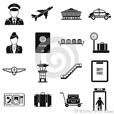 Airport black simple icons Vector Illustration