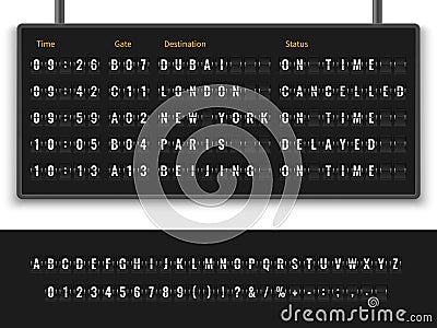 Airport board. Font alphabet info panel arrival departure display timetable destination flight terminal illustration Vector Illustration