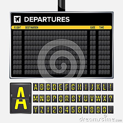 Airport Board Vector. Mechanical flip airport scoreboard. Black airport and railway timetable departure or arrival. Destination ai Vector Illustration