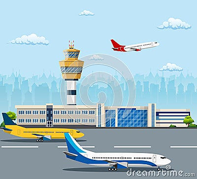 Airport building and airplanes Vector Illustration