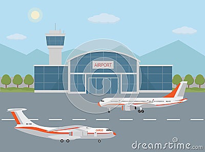 Airport building and airplanes on runway. Vector Illustration