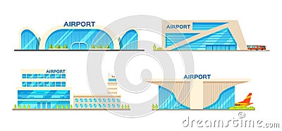 Airport building and airplanes, taxi, car, loader. Airplane on the runway. Vector Illustration