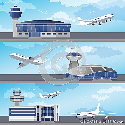 Airport building with control tower. Vector Vector Illustration