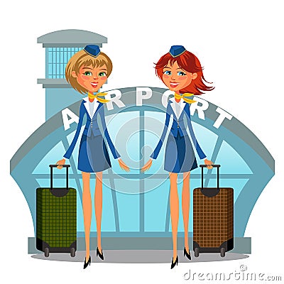 Airport building and flight attendant girls in uniform with suitcases in hands, air traffic personnel, airline Vector Illustration