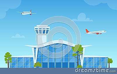 Airport building with flying airplane over tower. Airport terminal facade. Panorama exterior of architecture construction for Vector Illustration