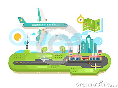 Airport building infrastructure with plane Vector Illustration