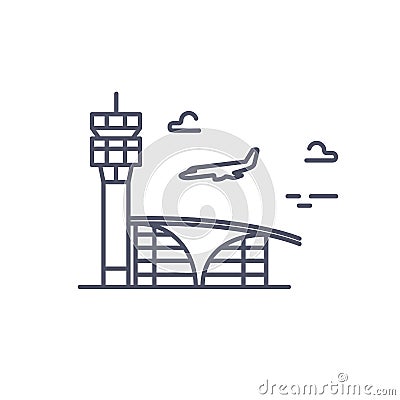 Airport building. Plane is landing. Vector line icon Vector Illustration