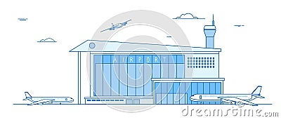 Airport buildings. Landing airplanes international terminal building aircraft runway business cargo transportation line Vector Illustration