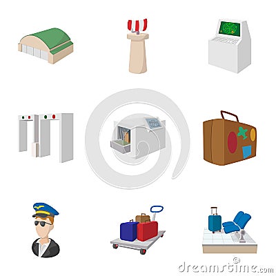 Airport check-in icons set, cartoon style Vector Illustration