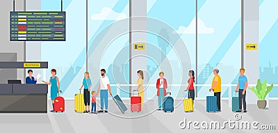 Airport check in registration desk and people passengers queue vector illustration. Vector Illustration