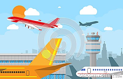 Airport control tower and flying airplane Vector Illustration